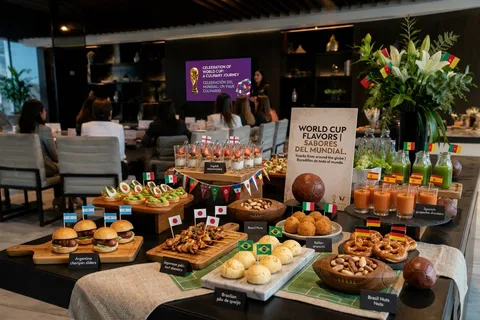 Mesa de catering montada con una variedad de platillos para un evento