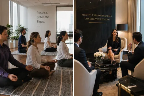 Grupo de colaboradores en una sesión de mindfulness con los ojos cerrados