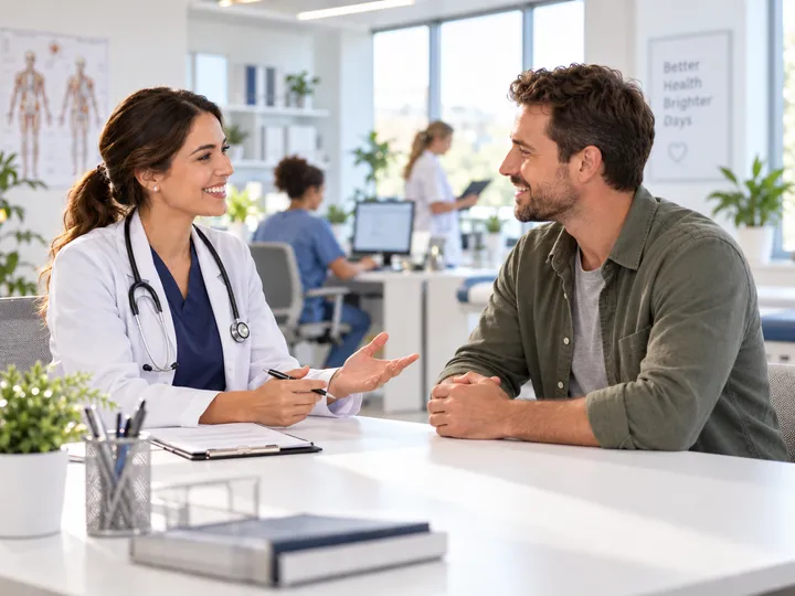 Médica conversando con un paciente en una consulta de salud preventiva
